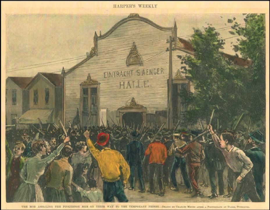 The mob assailing the Pinterton men on their way to the temporary prison.